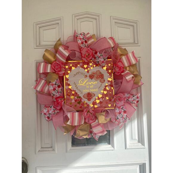 XL Love is All You Need Valentines Day Heart and Roses Wreath Door Hanger - Picture 2 of 9